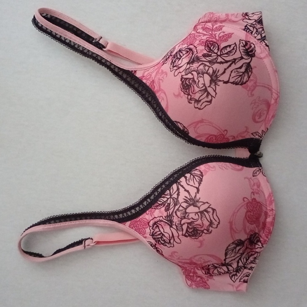 Lily of France Push-up Underwire Bra 34C Pink/Black Floral w/Charm